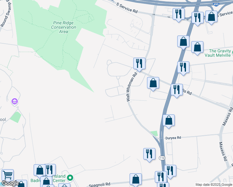 map of restaurants, bars, coffee shops, grocery stores, and more near 64 Villas Circle in Melville