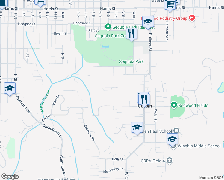 map of restaurants, bars, coffee shops, grocery stores, and more near 3911 T Street in Eureka
