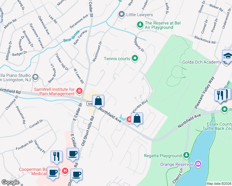 map of restaurants, bars, coffee shops, grocery stores, and more near 23 Glenview Drive in West Orange