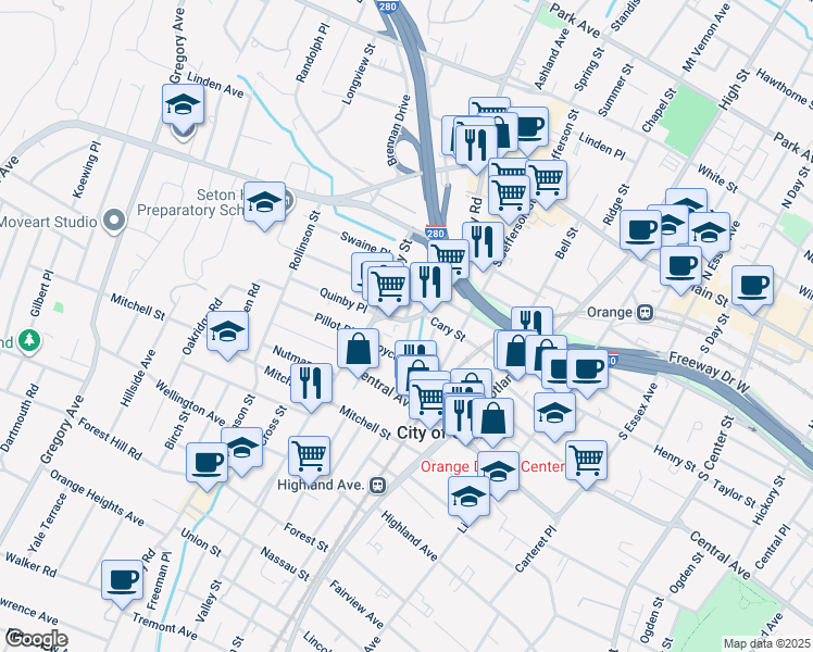 map of restaurants, bars, coffee shops, grocery stores, and more near 458 Valley Road in West Orange