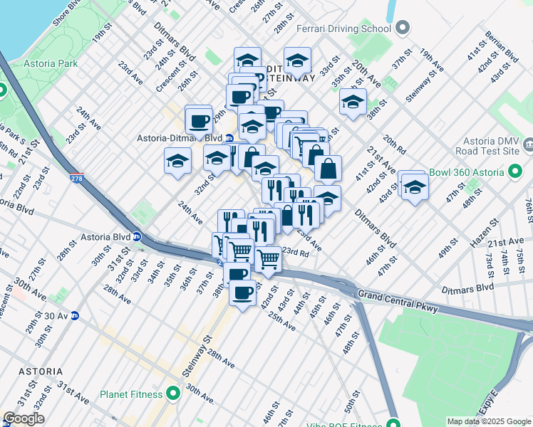 map of restaurants, bars, coffee shops, grocery stores, and more near 23-12 38th Street in Queens