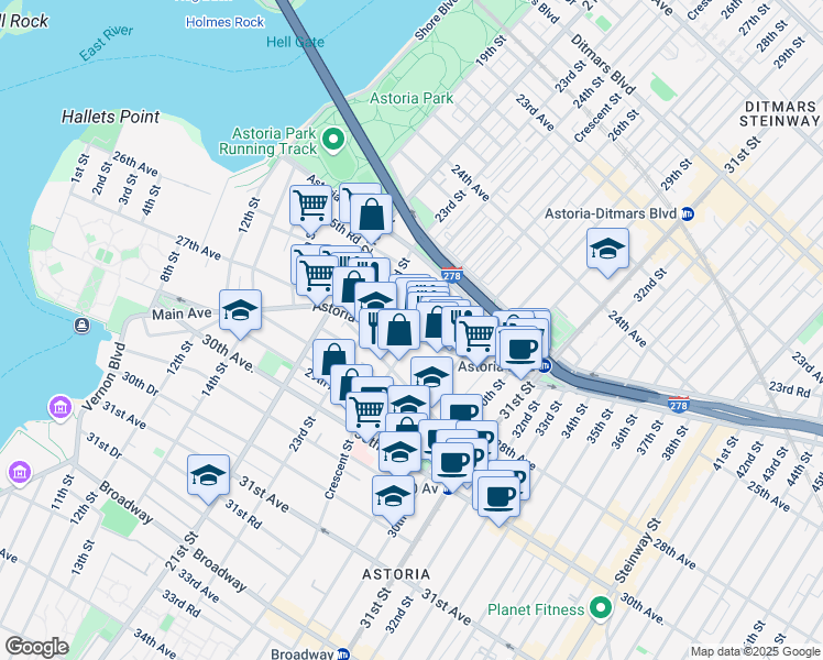 map of restaurants, bars, coffee shops, grocery stores, and more near in Queens
