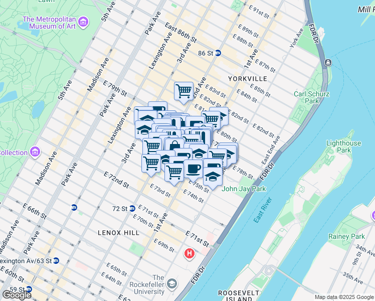 map of restaurants, bars, coffee shops, grocery stores, and more near 345 East 77th Street in New York