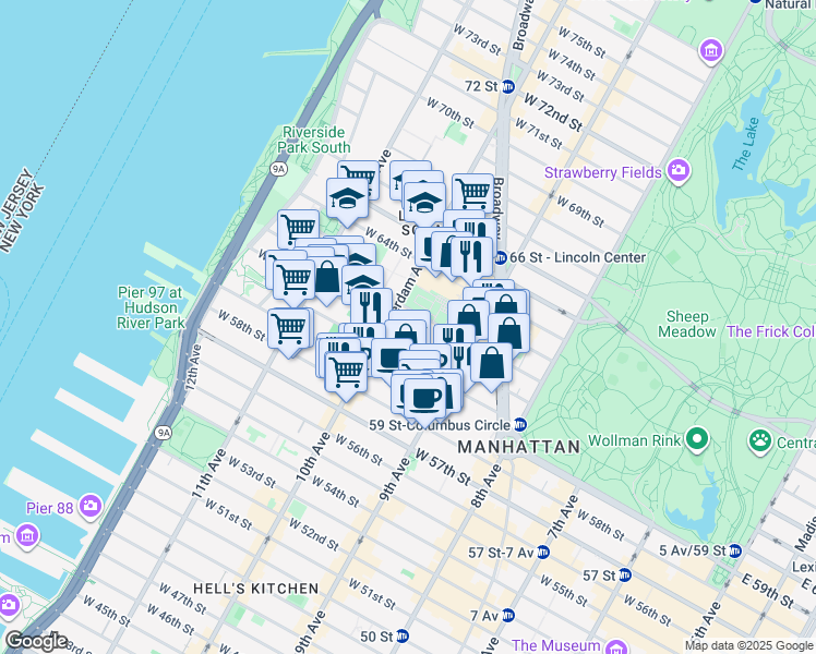 map of restaurants, bars, coffee shops, grocery stores, and more near 161 West 61st Street in New York