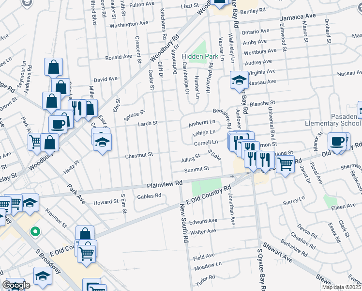 map of restaurants, bars, coffee shops, grocery stores, and more near 74 Cornell Lane in Hicksville