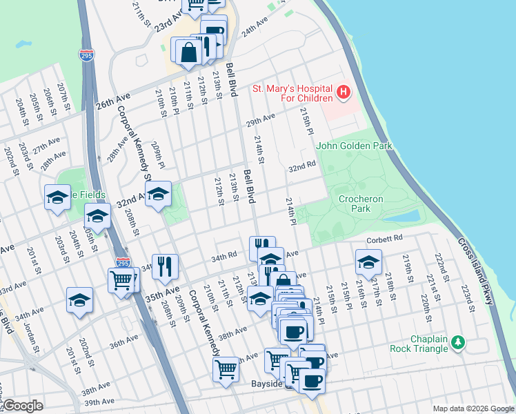 map of restaurants, bars, coffee shops, grocery stores, and more near 33-20 Bell Boulevard in Queens