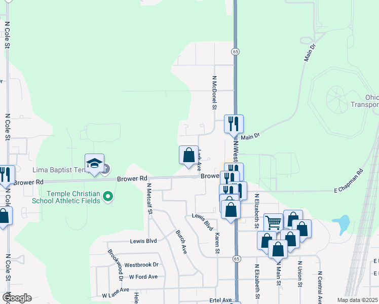 map of restaurants, bars, coffee shops, grocery stores, and more near 135 Partridge Pl in Lima