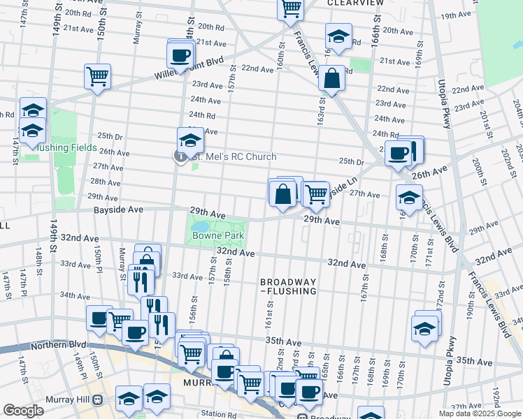 map of restaurants, bars, coffee shops, grocery stores, and more near 28-16 160th Street in Queens