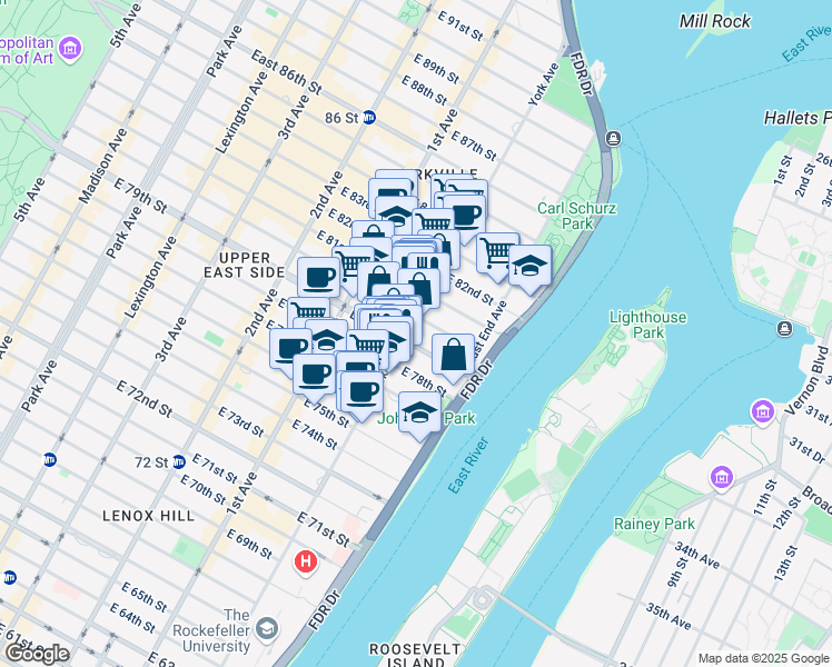 map of restaurants, bars, coffee shops, grocery stores, and more near 503 East 79th Street in New York