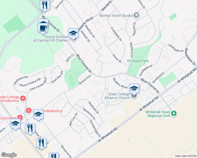 map of restaurants, bars, coffee shops, grocery stores, and more near 1300-1354 Blue Course Drive in Centre