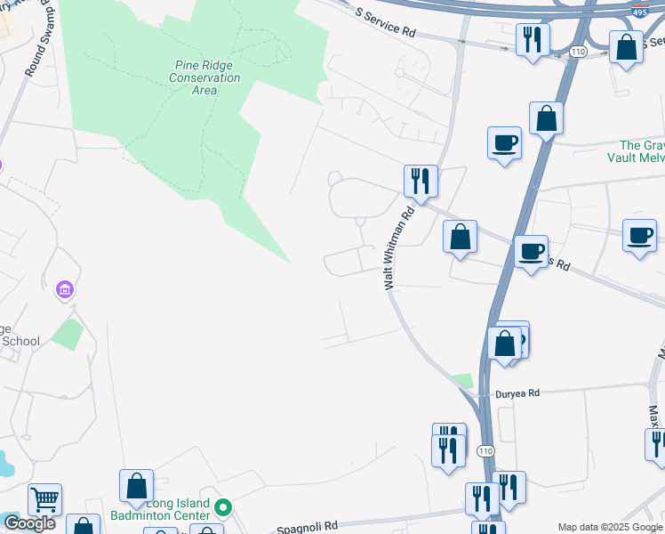 map of restaurants, bars, coffee shops, grocery stores, and more near 46 Villas Circle in Melville
