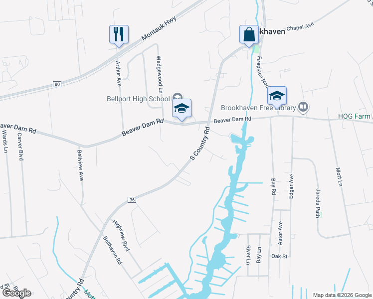 map of restaurants, bars, coffee shops, grocery stores, and more near 315 South Country Road in Brookhaven