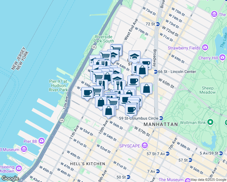 map of restaurants, bars, coffee shops, grocery stores, and more near 215 West 60th Street in New York