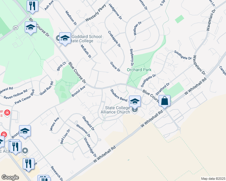 map of restaurants, bars, coffee shops, grocery stores, and more near 3113 Shellers Bend in State College