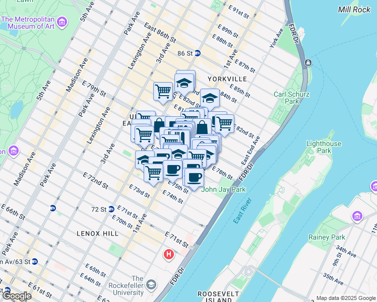 map of restaurants, bars, coffee shops, grocery stores, and more near 407 East 78th Street in New York