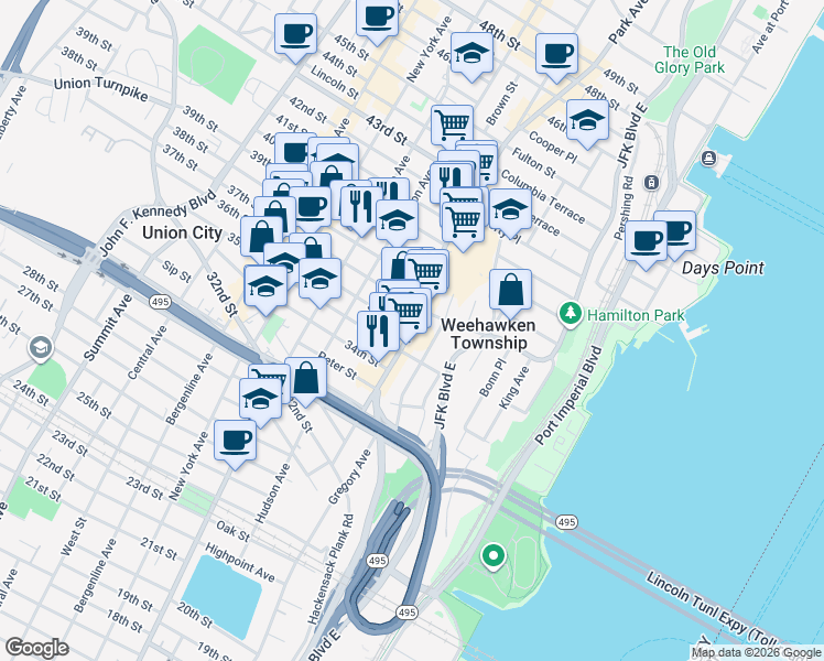 map of restaurants, bars, coffee shops, grocery stores, and more near 3516 Park Avenue in Weehawken