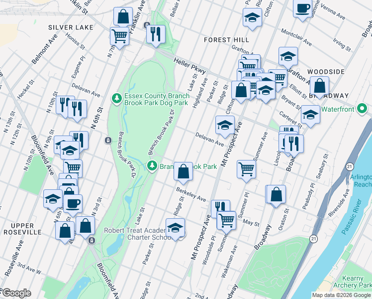 map of restaurants, bars, coffee shops, grocery stores, and more near 441-447 Highland Avenue in Newark
