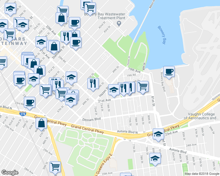 map of restaurants, bars, coffee shops, grocery stores, and more near 20-20 Hazen Street in Queens