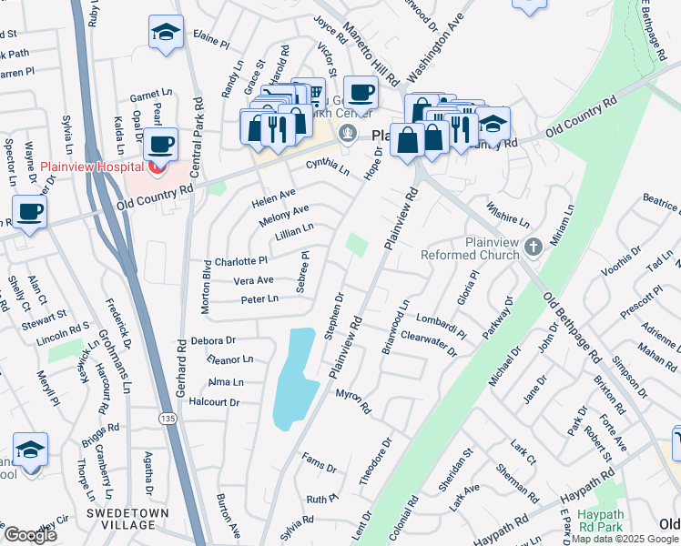 map of restaurants, bars, coffee shops, grocery stores, and more near 3 Scott Place in Plainview