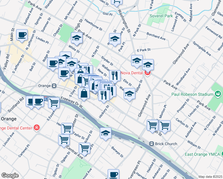 map of restaurants, bars, coffee shops, grocery stores, and more near 146 William Street in City of Orange
