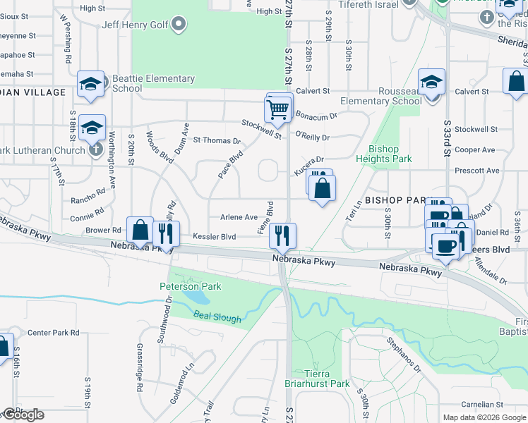 map of restaurants, bars, coffee shops, grocery stores, and more near 2578 Arlene Avenue in Lincoln