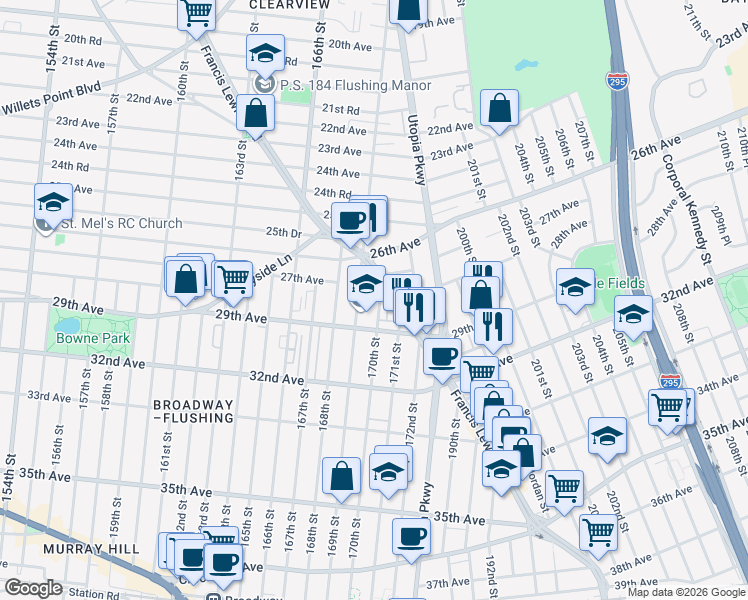 map of restaurants, bars, coffee shops, grocery stores, and more near 27-40 170th Street in Queens