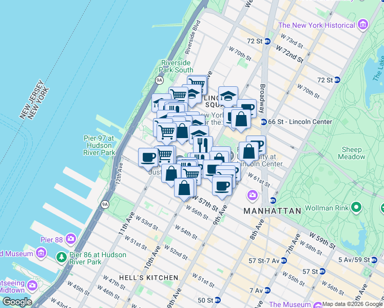 map of restaurants, bars, coffee shops, grocery stores, and more near 225-227 West 60th Street in New York