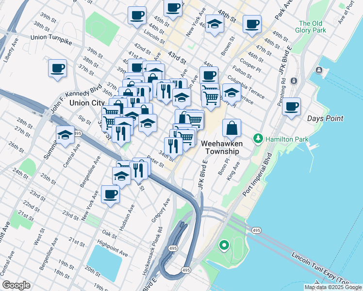 map of restaurants, bars, coffee shops, grocery stores, and more near 118 35th Street in Union City