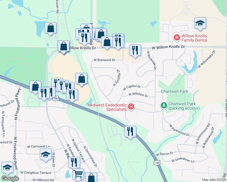map of restaurants, bars, coffee shops, grocery stores, and more near 6820 North Aycliffe Drive in Peoria
