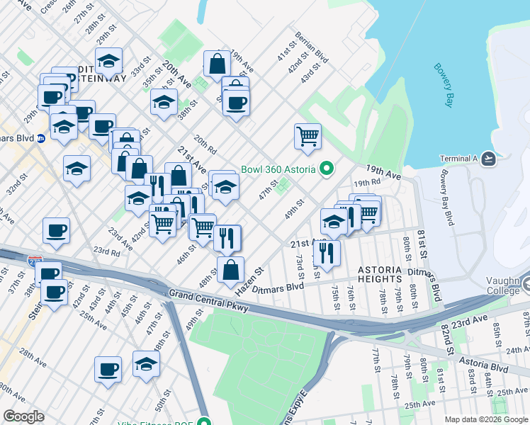 map of restaurants, bars, coffee shops, grocery stores, and more near in Queens
