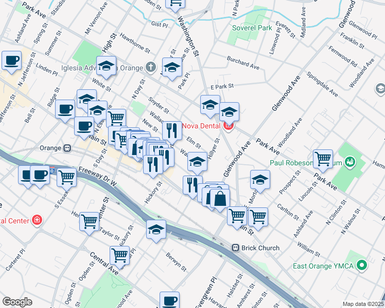 map of restaurants, bars, coffee shops, grocery stores, and more near 121 Ward Street in City of Orange