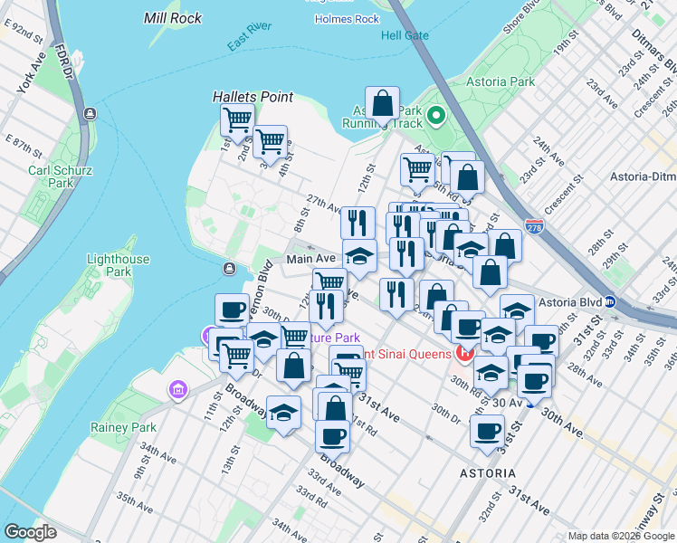 map of restaurants, bars, coffee shops, grocery stores, and more near 29-11 12th Street in Queens