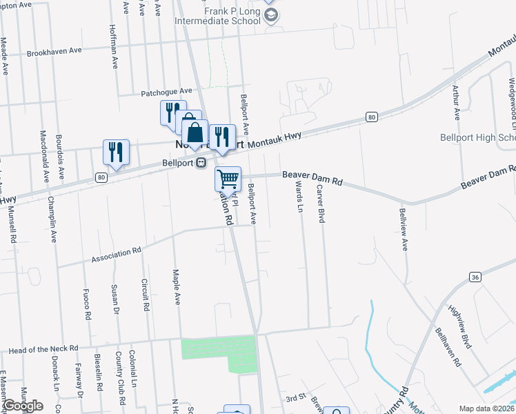 map of restaurants, bars, coffee shops, grocery stores, and more near 151 Bellport Avenue in Bellport