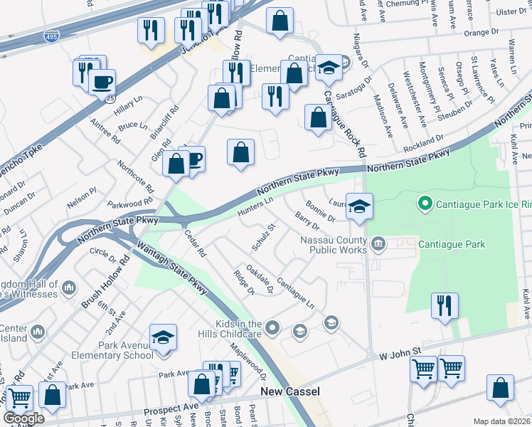 map of restaurants, bars, coffee shops, grocery stores, and more near 6 Maxwell Drive in Westbury