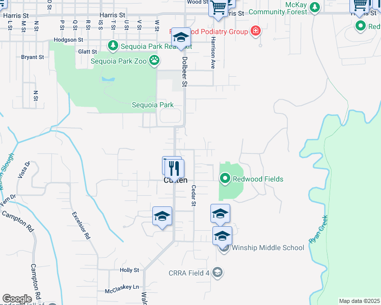 map of restaurants, bars, coffee shops, grocery stores, and more near 3920 Cedar Street in Eureka