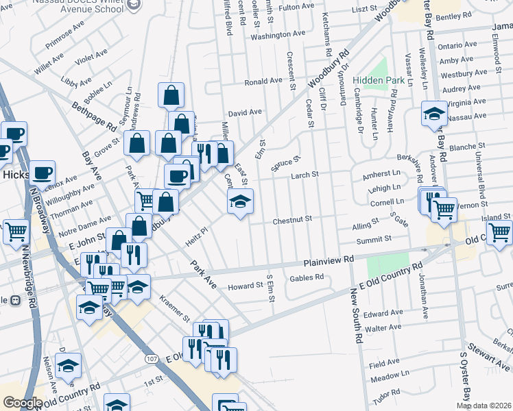 map of restaurants, bars, coffee shops, grocery stores, and more near 42 Elm Street in Hicksville