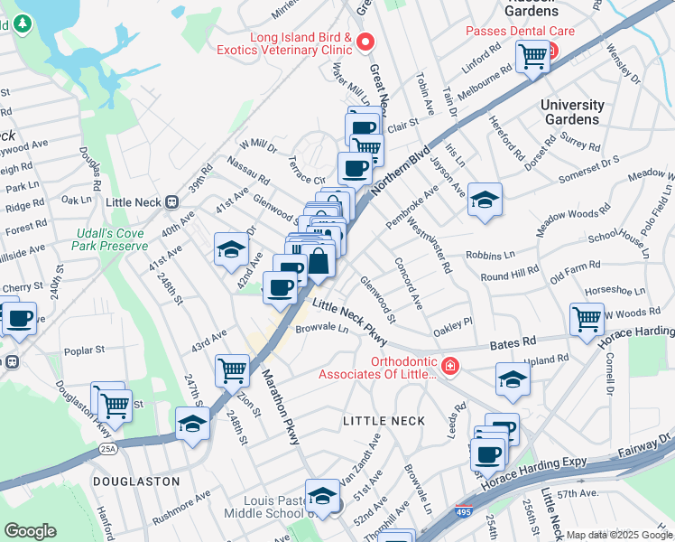 map of restaurants, bars, coffee shops, grocery stores, and more near 254-05 Pembroke Avenue in Queens
