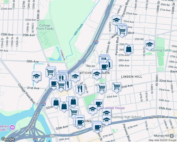 map of restaurants, bars, coffee shops, grocery stores, and more near 29-08 139th Street in Queens
