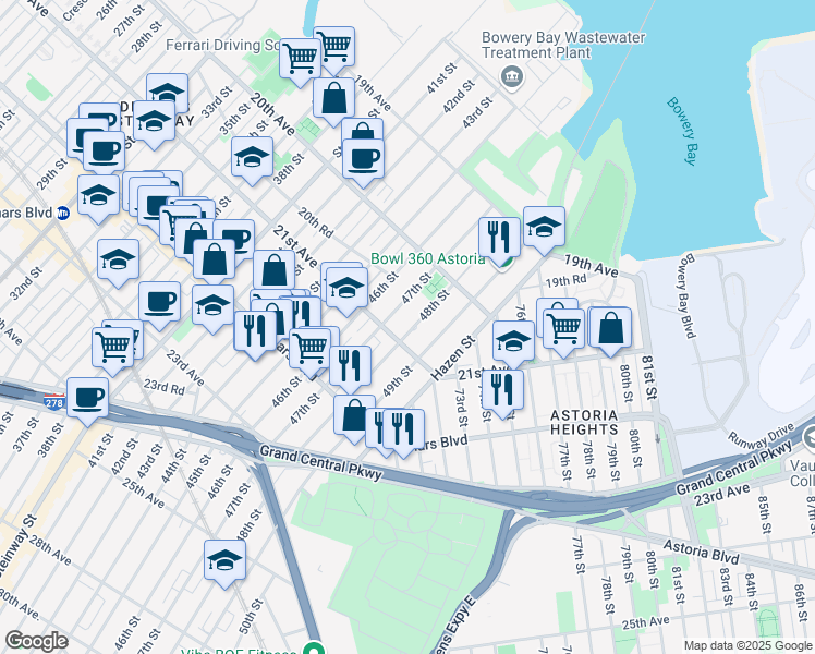 map of restaurants, bars, coffee shops, grocery stores, and more near 47-11A 21st Avenue in Queens
