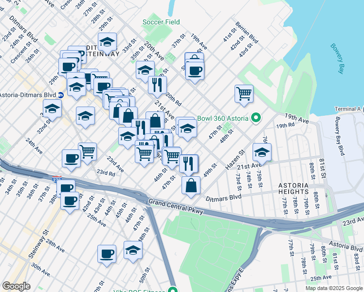 map of restaurants, bars, coffee shops, grocery stores, and more near 21-49 45th Street in Queens