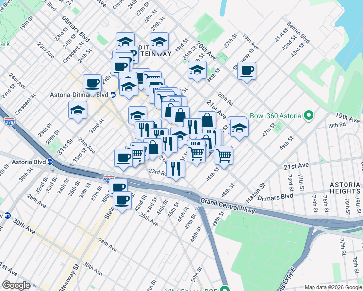 map of restaurants, bars, coffee shops, grocery stores, and more near 22-42 41st Street in Queens