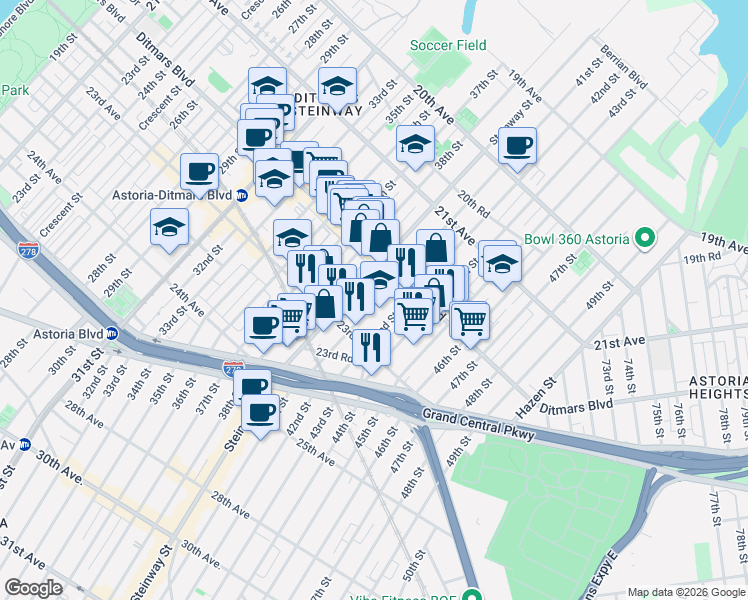 map of restaurants, bars, coffee shops, grocery stores, and more near 22-42 41st Street in Queens