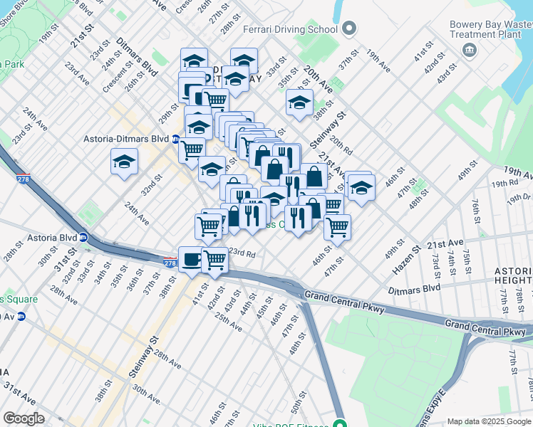 map of restaurants, bars, coffee shops, grocery stores, and more near 22-42 41st Street in Queens