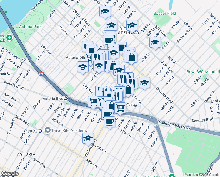 map of restaurants, bars, coffee shops, grocery stores, and more near 23-36 37th Street in Queens