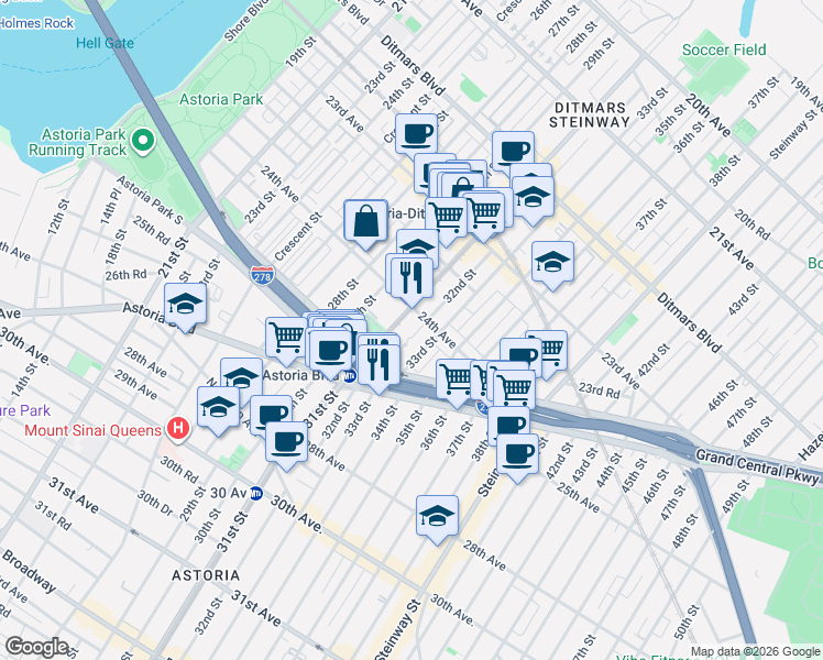 map of restaurants, bars, coffee shops, grocery stores, and more near 24-20 32nd Street in Queens