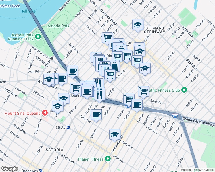 map of restaurants, bars, coffee shops, grocery stores, and more near 24-20 32nd Street in Queens