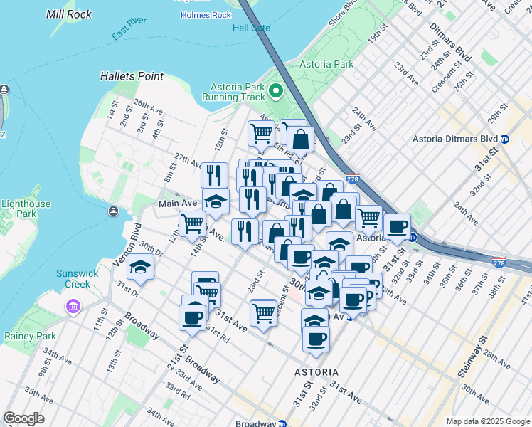 map of restaurants, bars, coffee shops, grocery stores, and more near 27-24 23rd Street in Queens