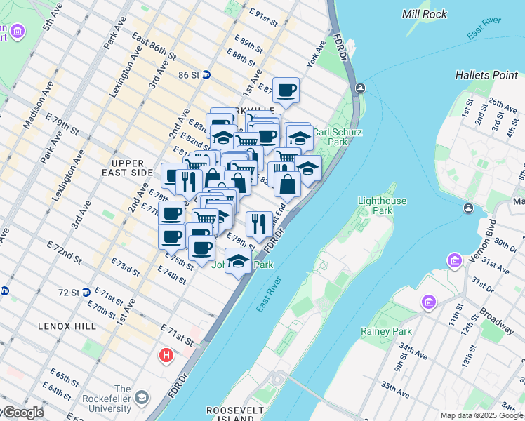 map of restaurants, bars, coffee shops, grocery stores, and more near 528 East 80th Street in New York