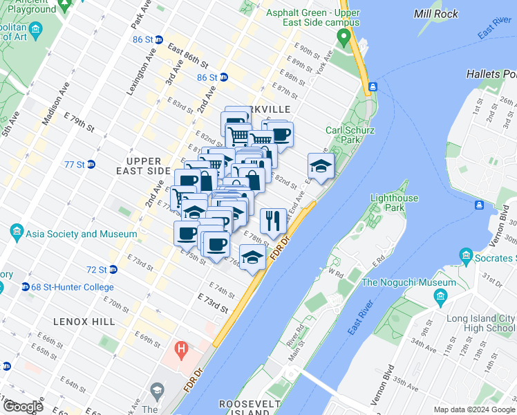 map of restaurants, bars, coffee shops, grocery stores, and more near 503 East 79th Street in New York