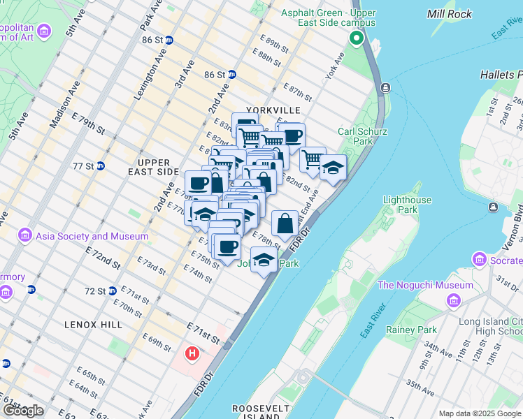 map of restaurants, bars, coffee shops, grocery stores, and more near 503 East 79th Street in New York